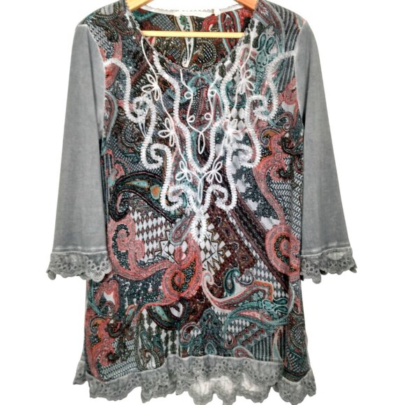 Soft Surroundings Tops - Soft Surroundings Tunic Top Shirt Women Small Gray Paisley Embroidered Lace Trim